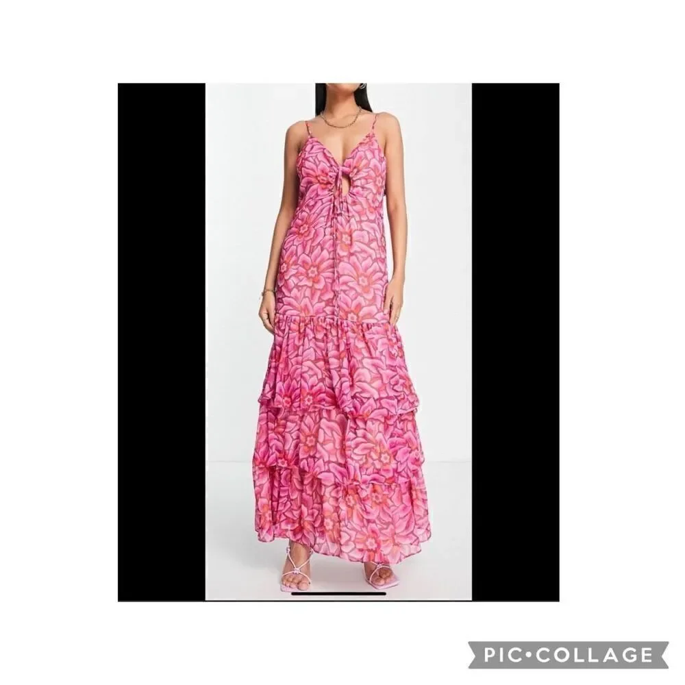 Top Shop floral tiered v neck strappy sleeveless maxi dress US 10